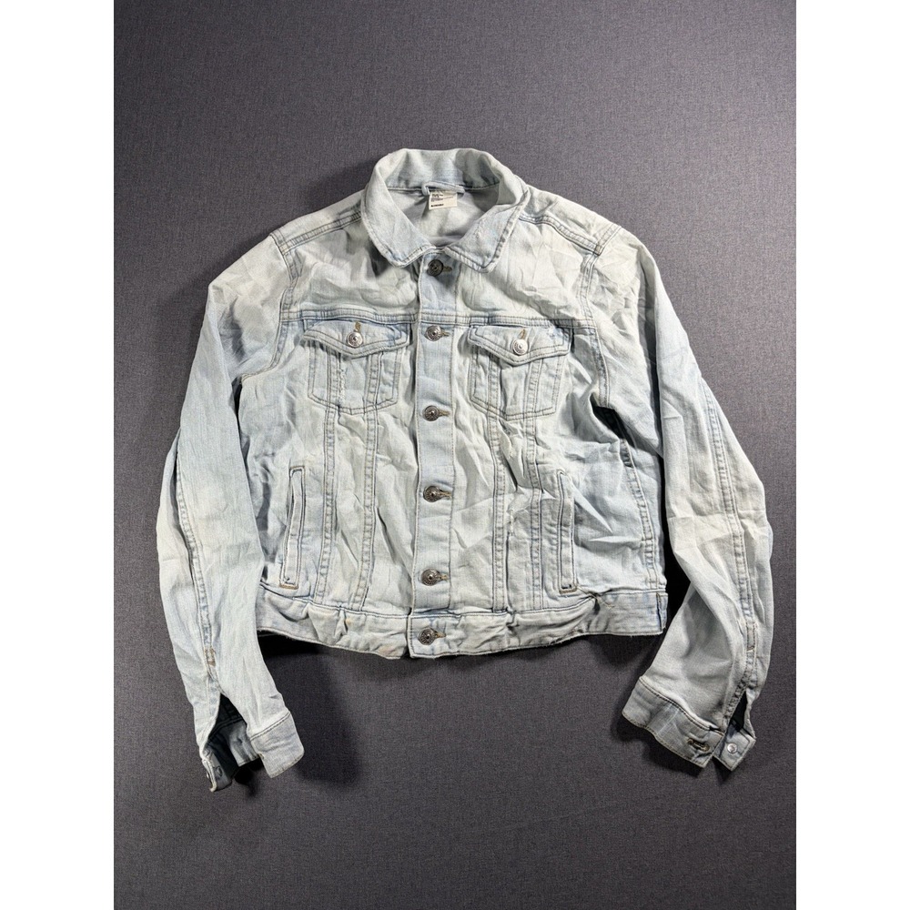 H&M Jean Jacket Womens Sz 8 Long Sleeve Denim Festival Y2K Grunge Distressed